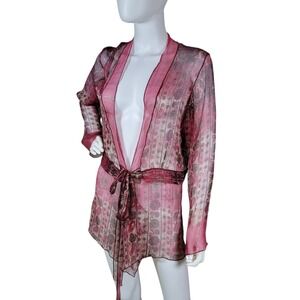 Karen Kane Sheer Silk Wrap Top Womens L Red Ornate Metallic Chiffon Watercolor
